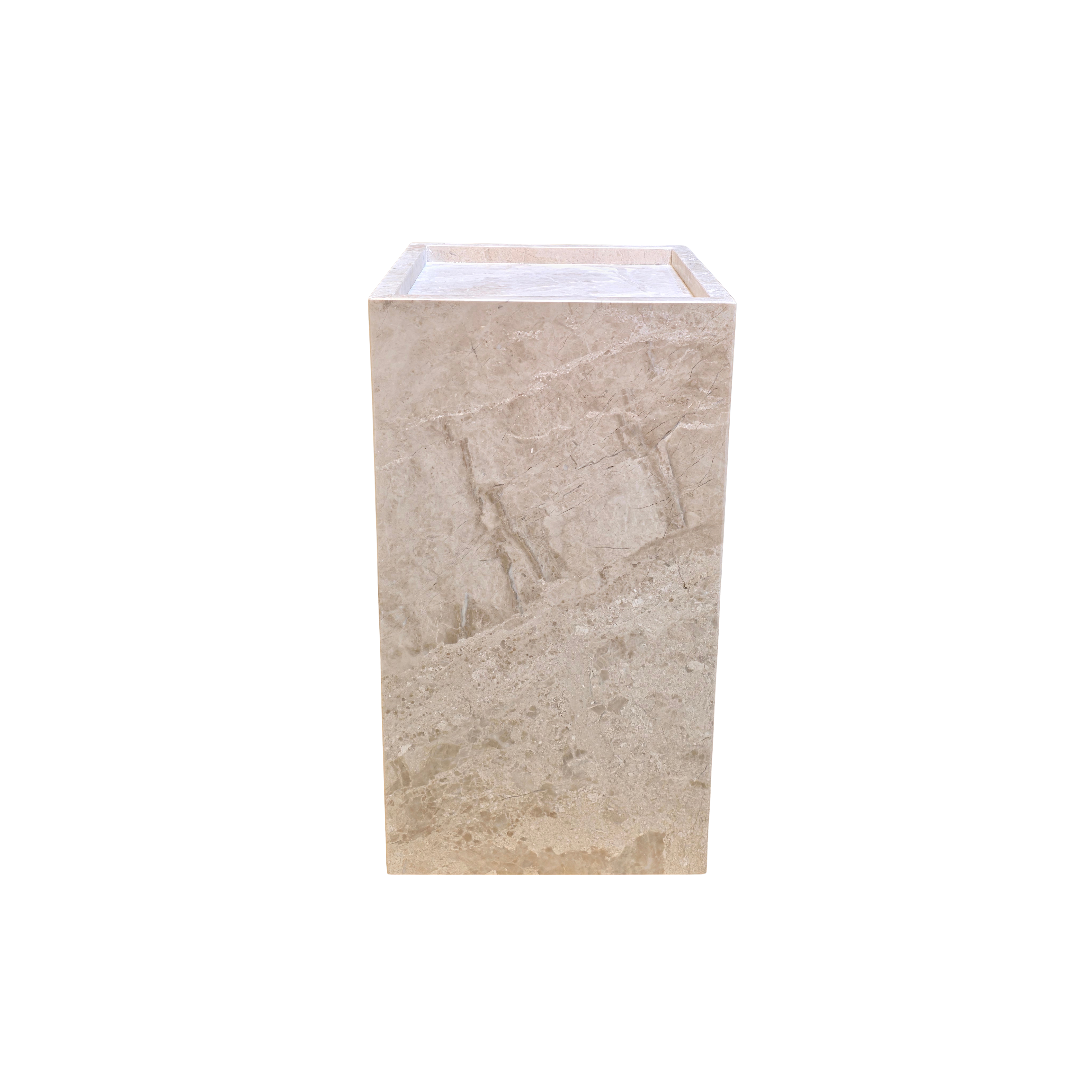 Beige Marble Cube 30 by HANDVÄRK — honed marble pedestal, 30x30x55 cm, front view
